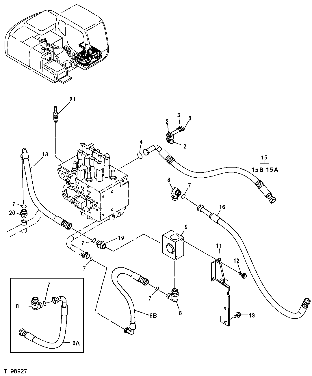 Схема запчастей John Deere 20C - 258 - CONTROL VALVE PRESSURE AND RETURN AUXILIARY PLUMBING (FACTORY INSTALLED) 3363 LINES, HOSES & FITTINGS