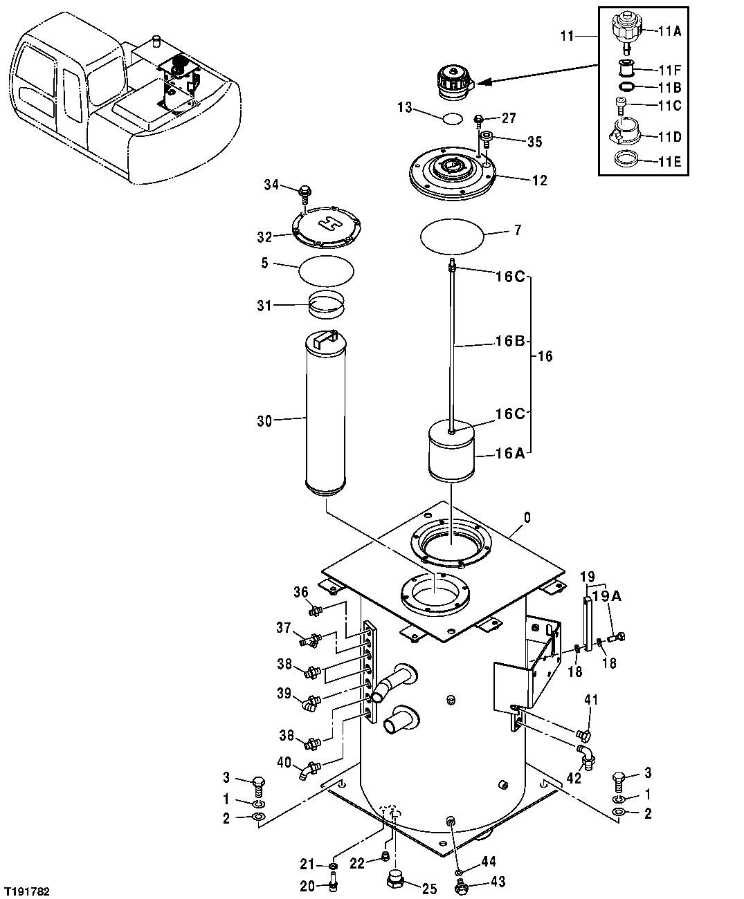 Схема запчастей John Deere 20C - 262 - HYDRAULIC RESERVOIR, FILTER ELEMENTS, AND LEVEL GAUGE 3364 HYDRAULIC RESERVOIR