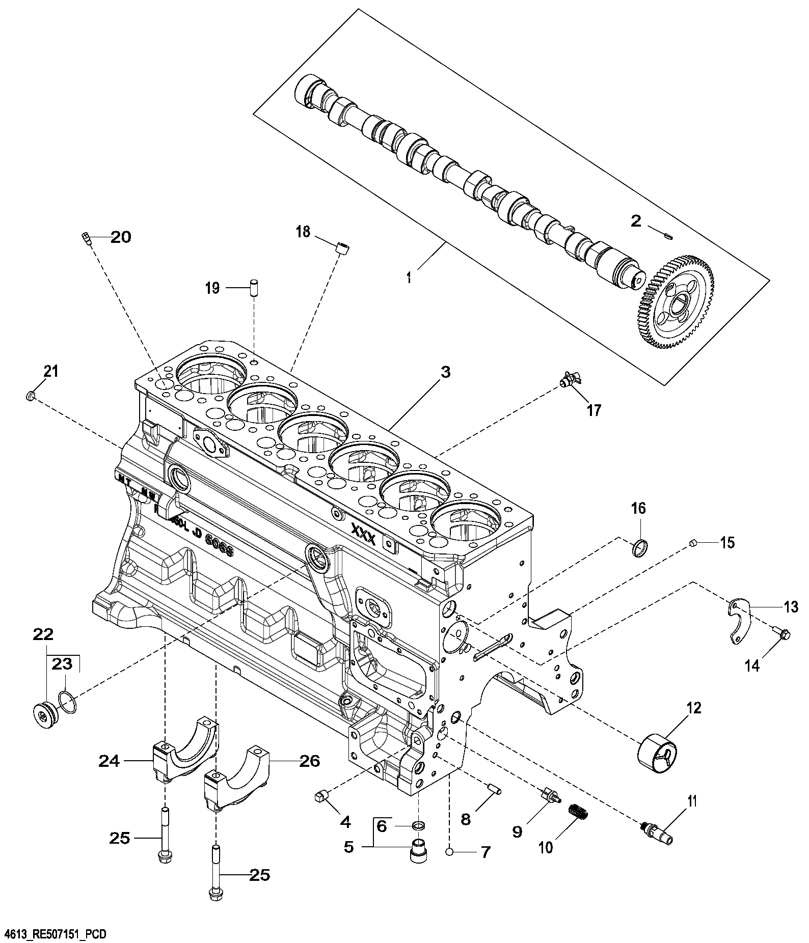 Схема запчастей John Deere 70CLC - 53 - 4613 Cylinder Block 0400A 270C LC EXCAVATOR 6068HT055-RE507964 6068HT055