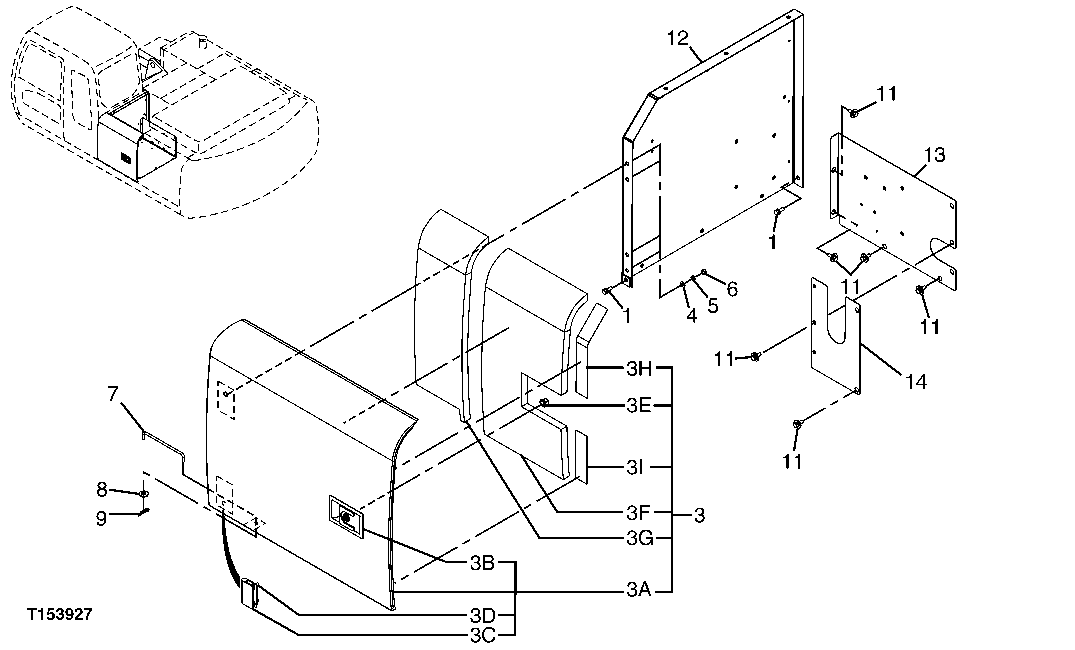 Схема запчастей John Deere 70CLC - 221 - DOOR AND COVERS 1910 HOOD OR ENGINE ENCLOSURE