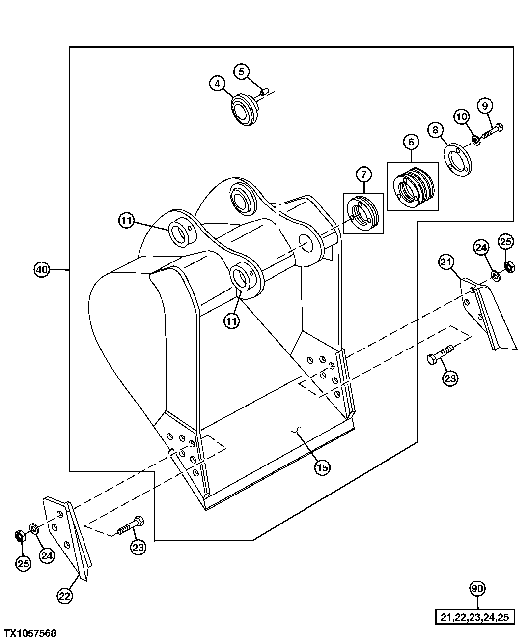 Схема запчастей John Deere 70CLC - 242 - HEAVY DUTY HIGH CAPACITY BUCKET (SEE FOOTNOTE) 3302 BUCKET WITH TEETH