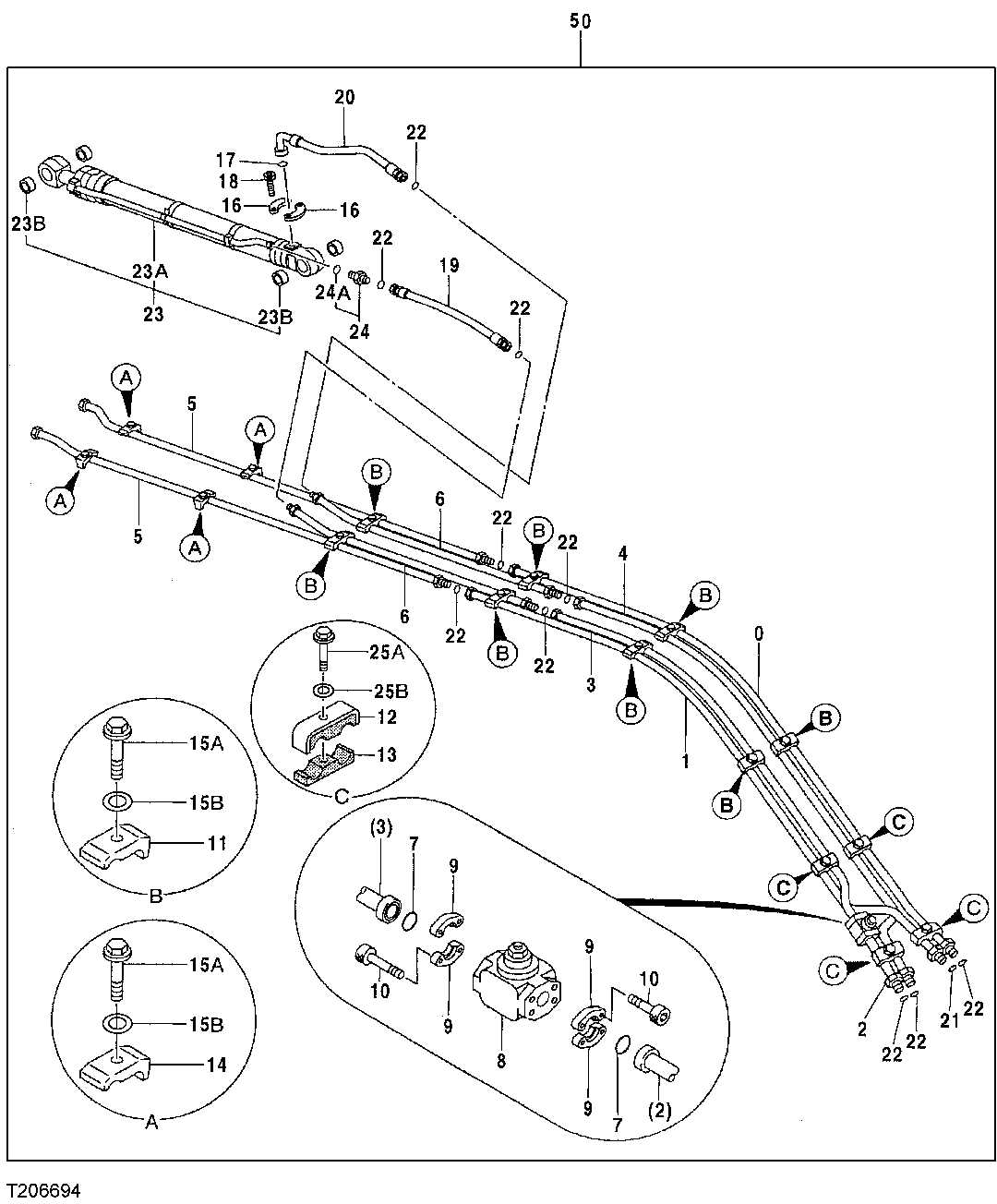 Схема запчастей John Deere 70CLC - 365 - SUPER LONG FRONT BOOM PLUMBING 3363 Lines, Hoses & Fittings