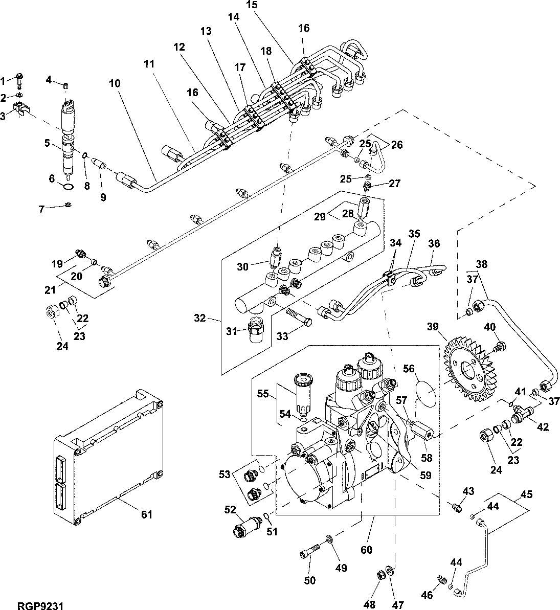 Схема запчастей John Deere 30CLC - 119 - FUEL INJECTION PUMP,FUEL INJECTION NOZZLE AND LINES 0400B 6081HT008 6081HT008-RE527869 6081HT008