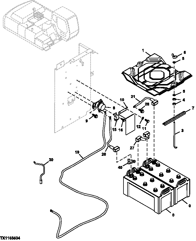 Схема запчастей John Deere 30CLC - 189 - Batteries, Battery Cables And Relays 1674 WIRING HARNESS & SWITCHES (IF NOT INCLUDED ELSEWHERE)