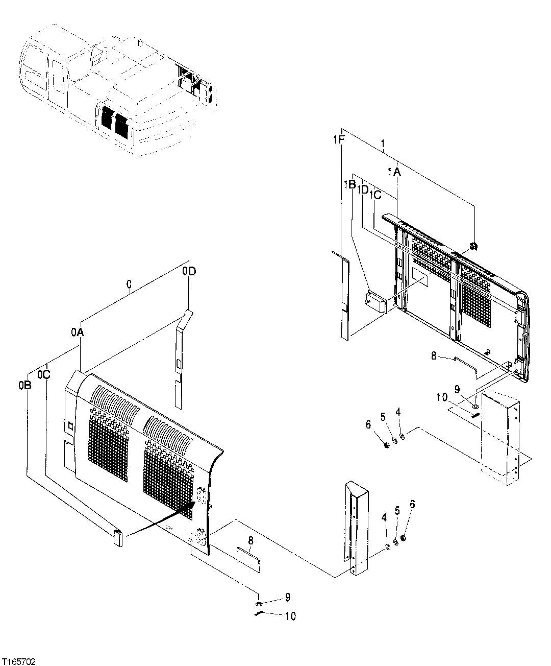 Схема запчастей John Deere 30CLC - 250 - COOLING PACKAGE AND HYDRAULIC PUMP COMPARTMENT DOORS (VENTED) 1910 HOOD OR ENGINE ENCLOSURE