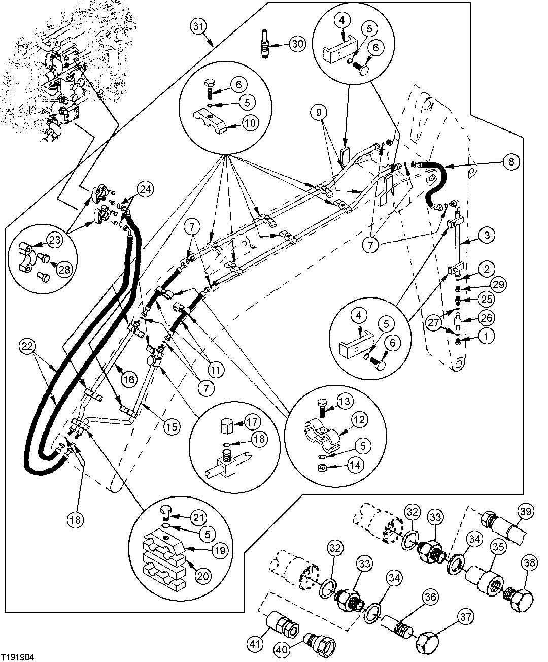 Схема запчастей John Deere 30CLC - 386 - AUXILIARY HYDRAULIC LINE (TWO WAY FLOW - CYLINDER) 3360 HYDRAULIC SYSTEM