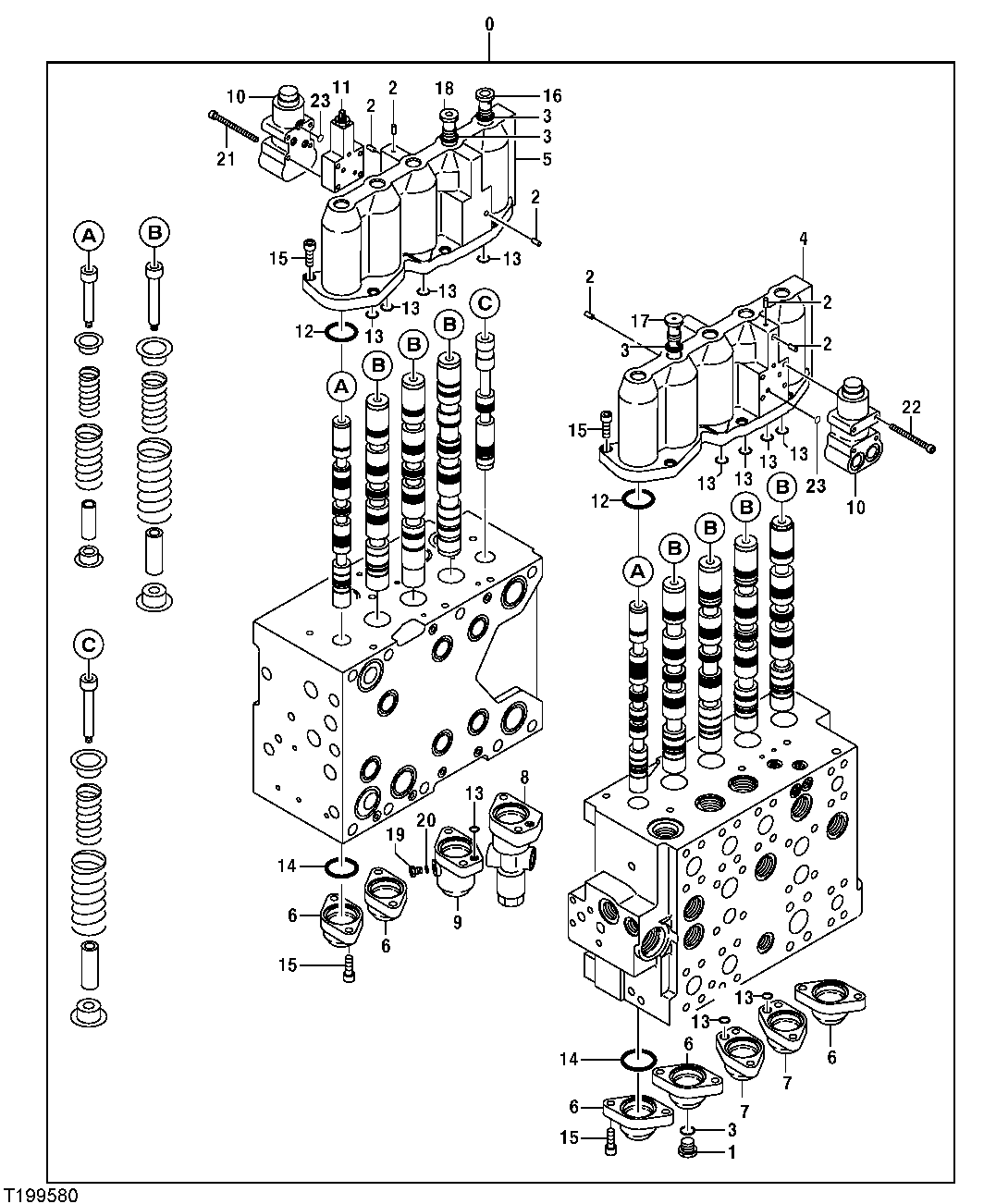 Схема запчастей John Deere 30CLC - 332 - CONTROL VALVE COMPONENTS (FOUR AND FIVE SPOOL SIDES) 3360 HYDRAULIC SYSTEM