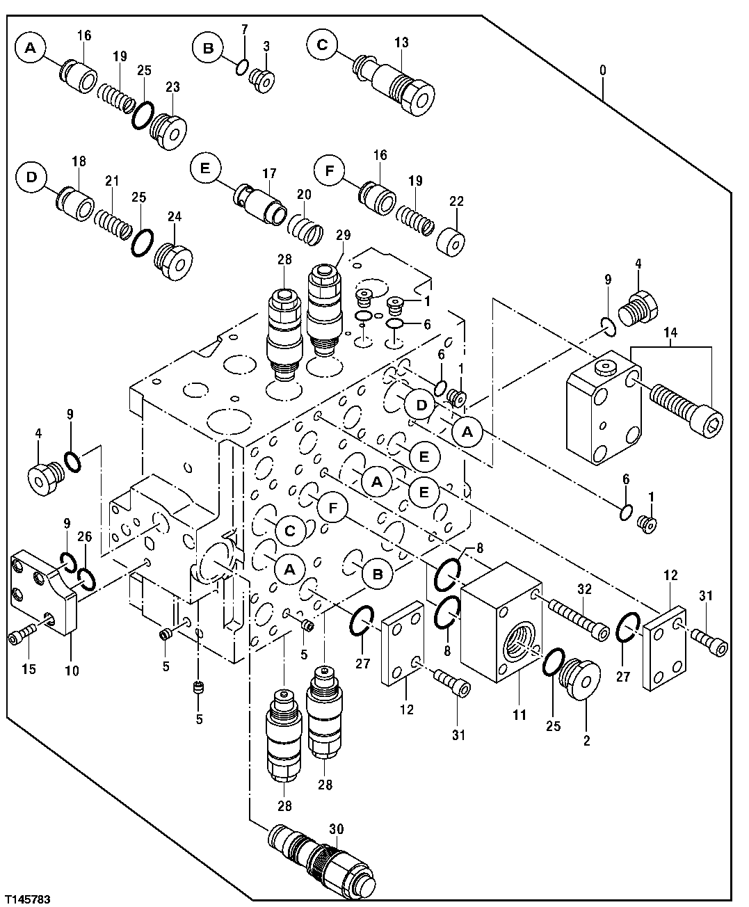 Схема запчастей John Deere 30CLC - 334 - CONTROL VALVE COMPONENTS (FIVE SPOOL SIDE) 3360 HYDRAULIC SYSTEM