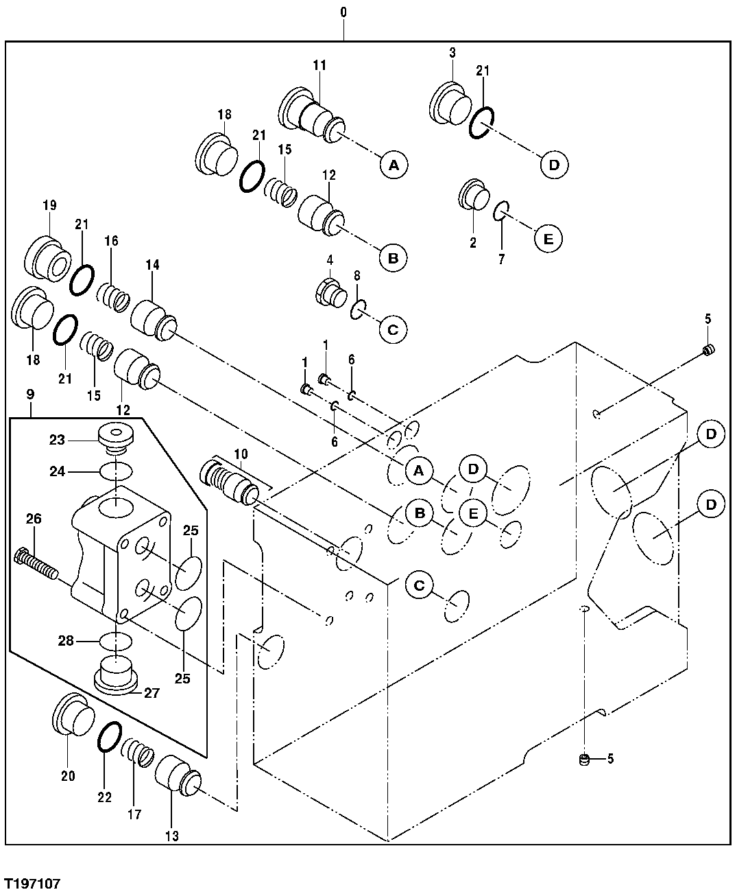 Схема запчастей John Deere 30CLC - 335 - CONTROL VALVE COMPONENTS (FOUR SPOOL SIDE) 3360 HYDRAULIC SYSTEM