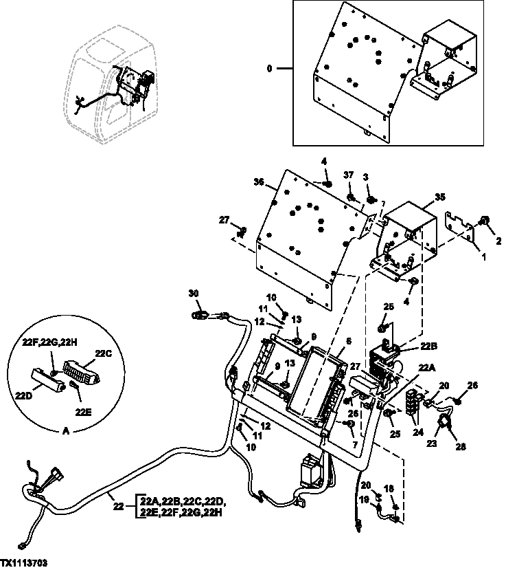 Схема запчастей John Deere 60C LC - 72 - ELECTRICAL COMPONENTS (CAB) 1674 WIRING HARNESS AND SWITCHES