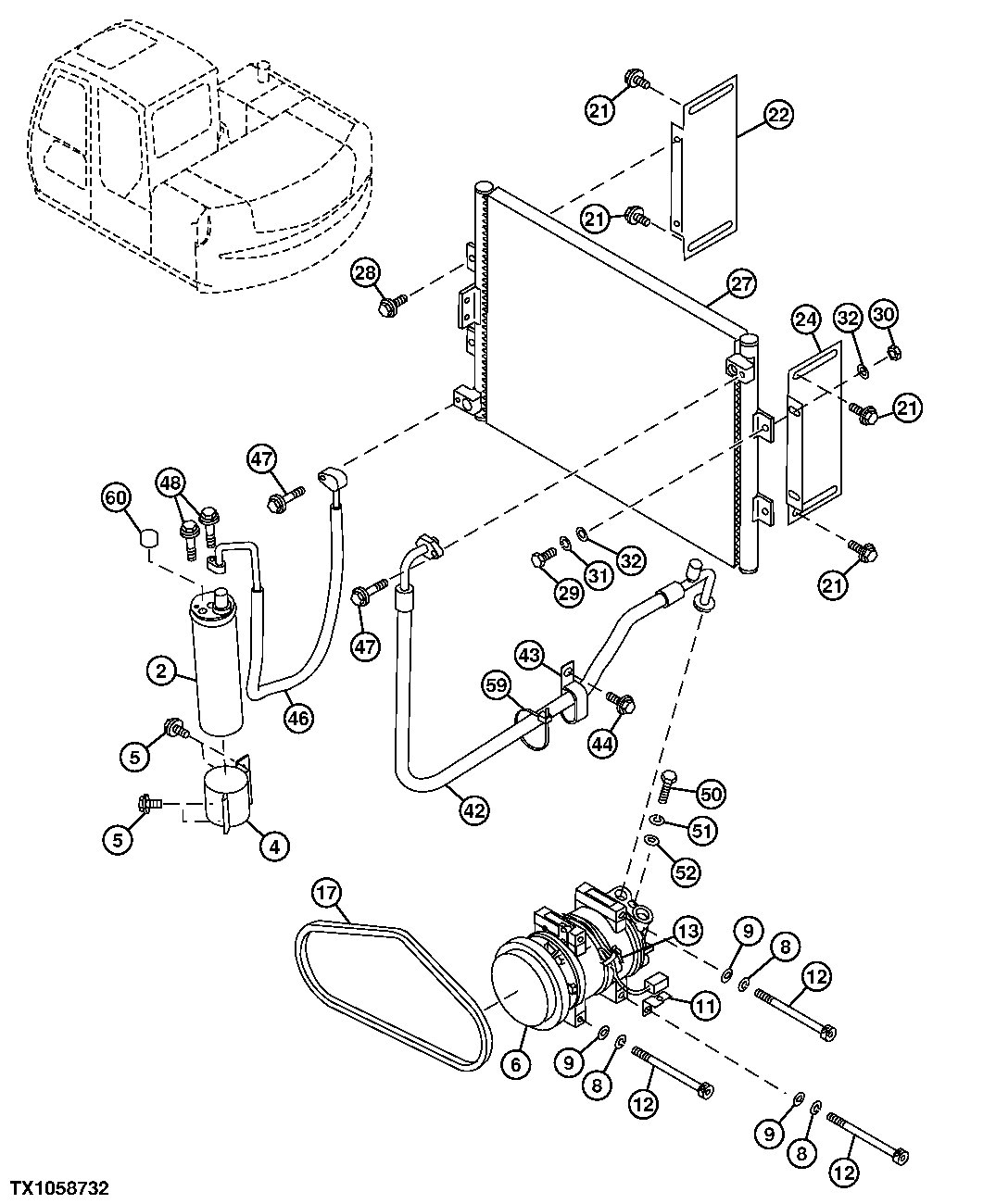 Схема запчастей John Deere 60C LC - 112 - AIR CONDITIONER COMPRESSOR, CONDENSOR AND DRYER 1830 HEATING AND AIR CONDITIONING