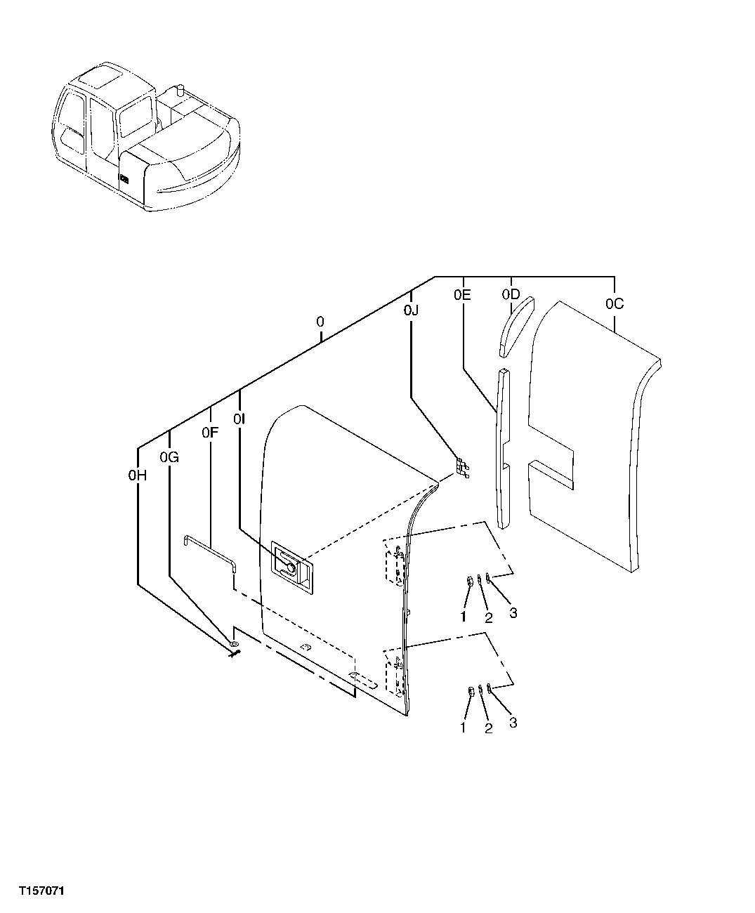 Схема запчастей John Deere 60C LC - 127 - COOLING PACKAGE COMPARTMENT DOOR 1910 HOOD OR ENGINE ENCLOSURE