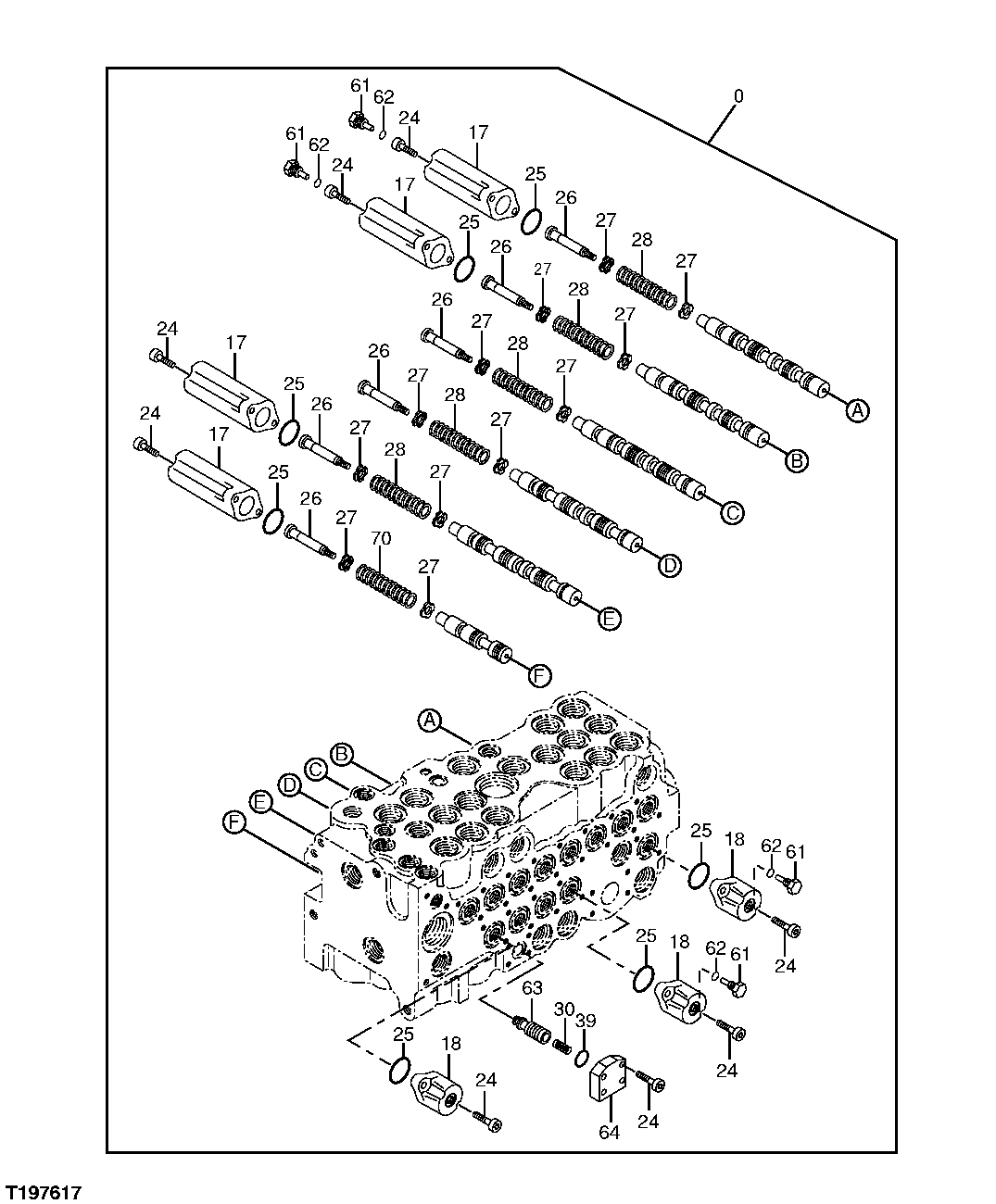 Схема запчастей John Deere 60C LC - 195 - CONTROL VALVE (6-SPOOL) (STANDARD BOOM) 3362 CONTROL AND LOAD HOLDING VALVES