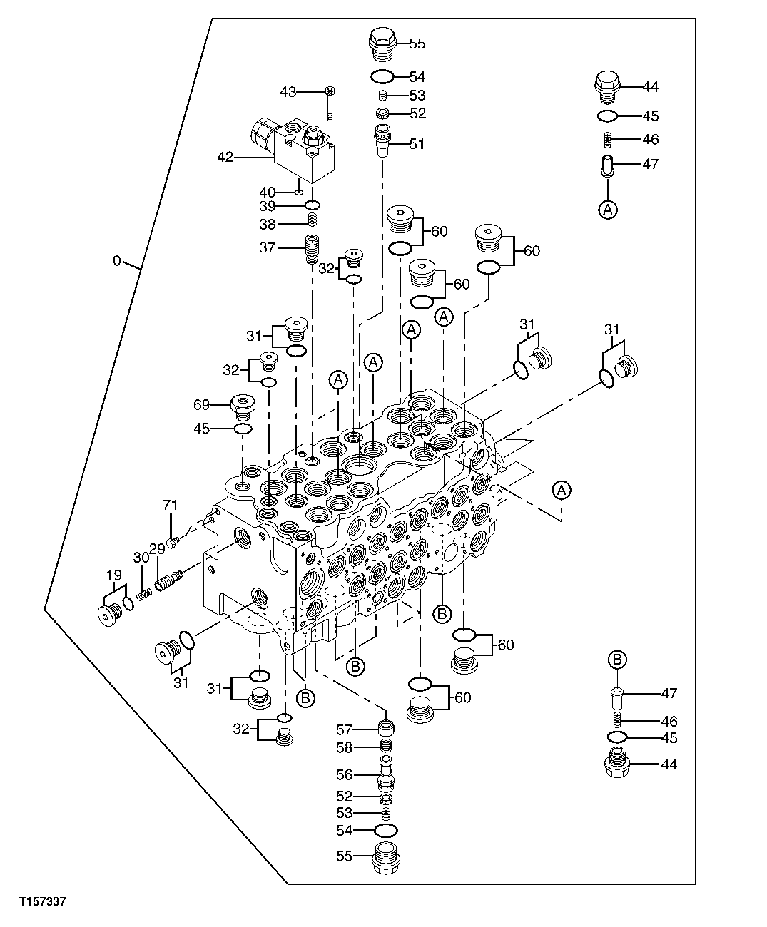 Схема запчастей John Deere 60C LC - 197 - CONTROL VALVE (SPRINGS, POPPETS AND PLUGS) (OFFSET BOOM) 3362 CONTROL AND LOAD HOLDING VALVES