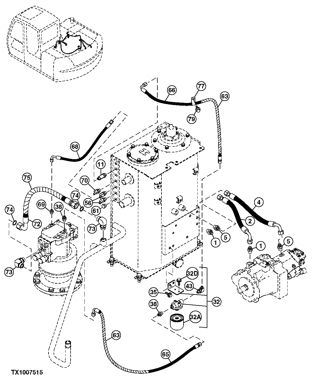 Схема запчастей John Deere 60C LC - 216 - HYDRAULIC DRAIN HOSES(SWING MOTOR AND PUMP TO OIL TANK) 3363 LINES, HOSES AND FITTINGS