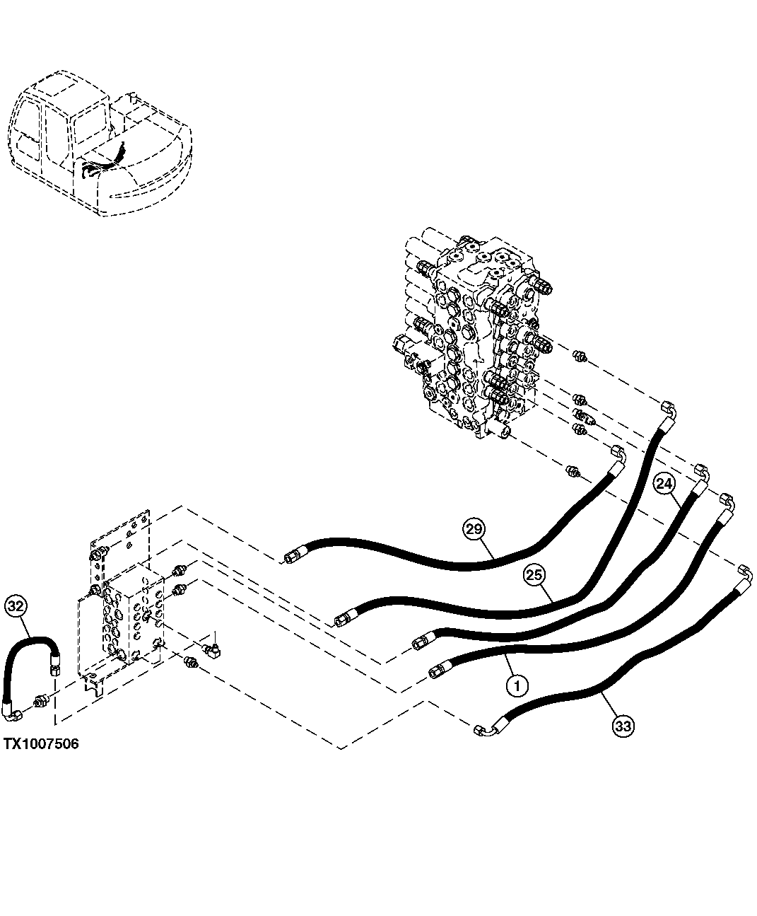 Схема запчастей John Deere 60C LC - 227 - PILOT HOSES (CONTROL VALVE REAR TO FLOW REGULATOR VALVE) 3363 LINES, HOSES AND FITTINGS