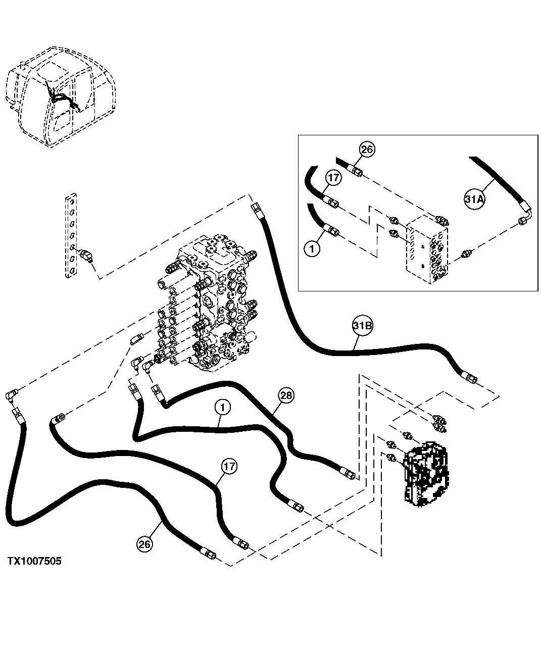 Схема запчастей John Deere 60C LC - 228 - PILOT HOSES (CONTROL VALVE FRONT TO FLOW REGULATOR VALVE) 3363 LINES, HOSES AND FITTINGS