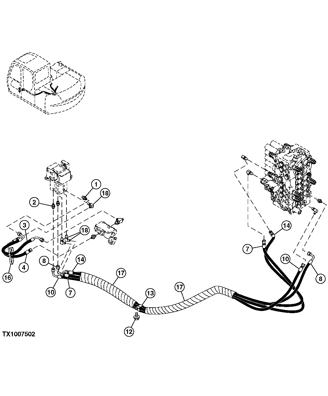 Схема запчастей John Deere 60C LC - 234 - PILOT HOSES (CONTROL VALVE TO PROPEL PILOT CONTROLLER) 3363 LINES, HOSES AND FITTINGS