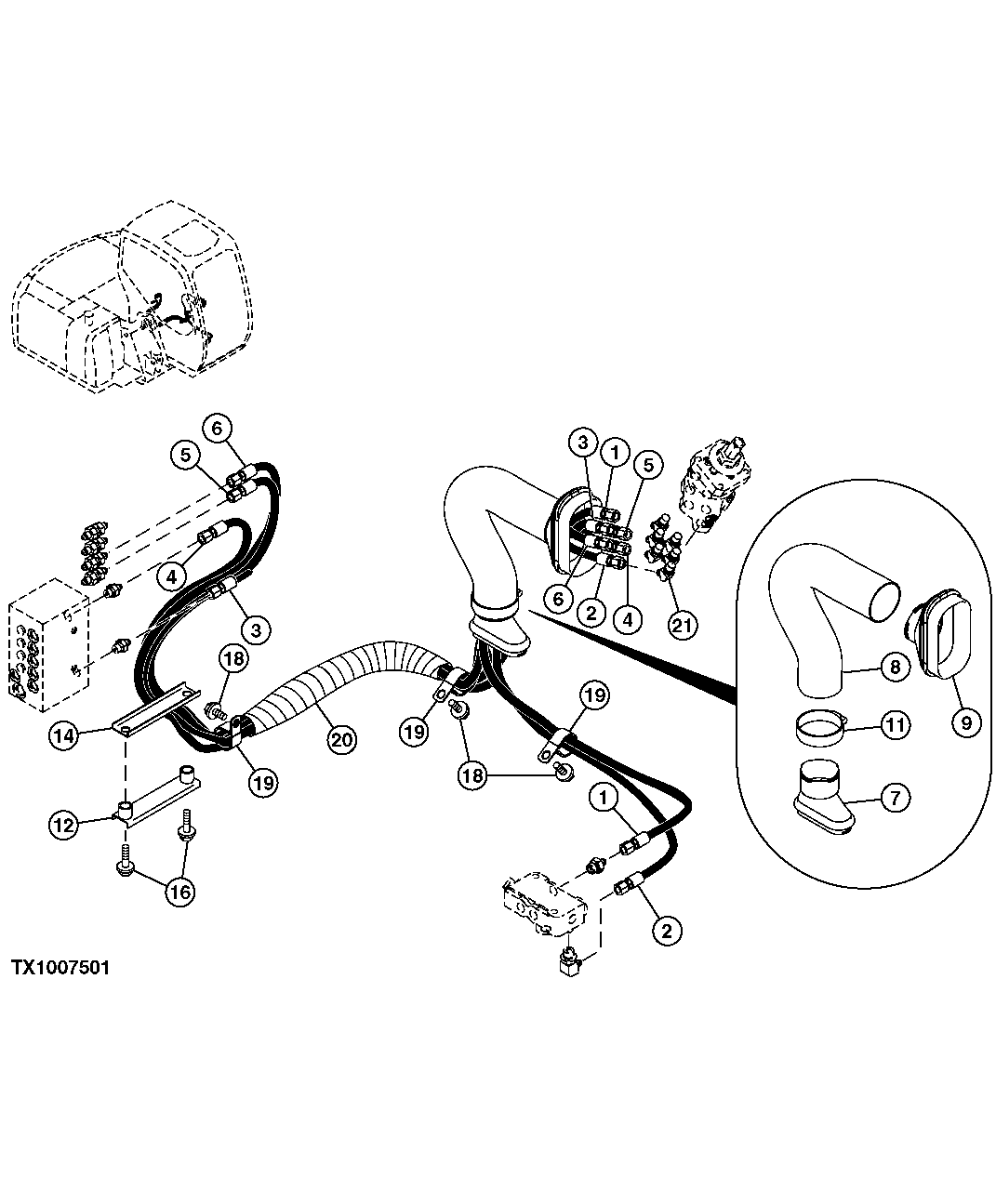 Схема запчастей John Deere 60C LC - 235 - PILOT HOSES(LEFT PILOT CONTROLLER TO FLOW REGULATING MANIFOLD) 3363 LINES, HOSES AND FITTINGS