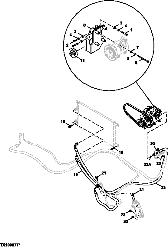 Схема запчастей John Deere 2054 - 130 - A/C COMPRESSOR BRACKET, DRIVE BELT, AND REFRIGERANT HOSES 1830 HEATING AND AIR CONDITIONING