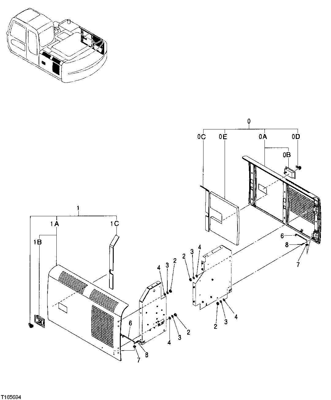 Схема запчастей John Deere 2054 - 145 - COOLING PACKAGE AND HYDRAULIC PUMP COMPARTMENT DOORS 1910 HOOD OR ENGINE ENCLOSURE