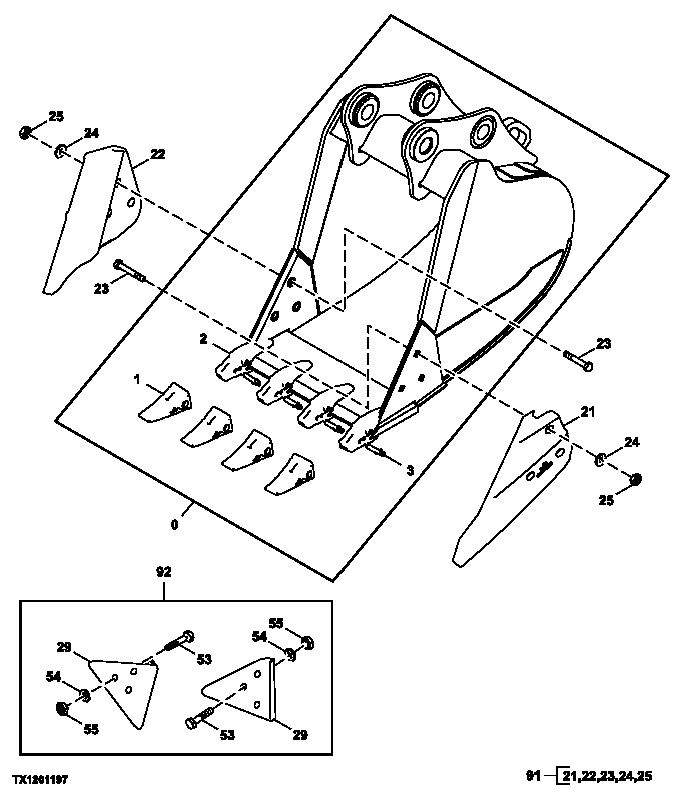 Схема запчастей John Deere 2054 - 159 - Heavy Duty Bucket (30 in) (0.64 yd³) 3302 BUCKET WITH TEETH