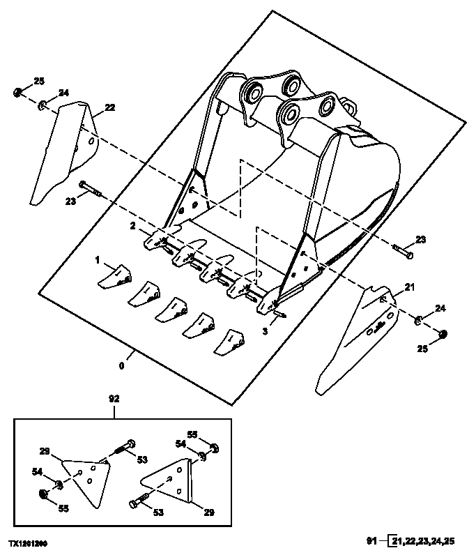 Схема запчастей John Deere 2054 - 161 - Heavy Duty Bucket (42 in) (0.99 yd³) 3302 BUCKET WITH TEETH