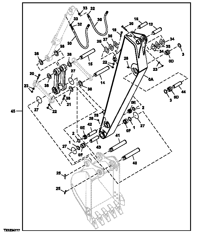 Схема запчастей John Deere 2054 - 185 - STANDARD ARM, PINS, AND BUCKET CYLINDER HOSES (2.6M) 3340 EXCAVATOR FRAME