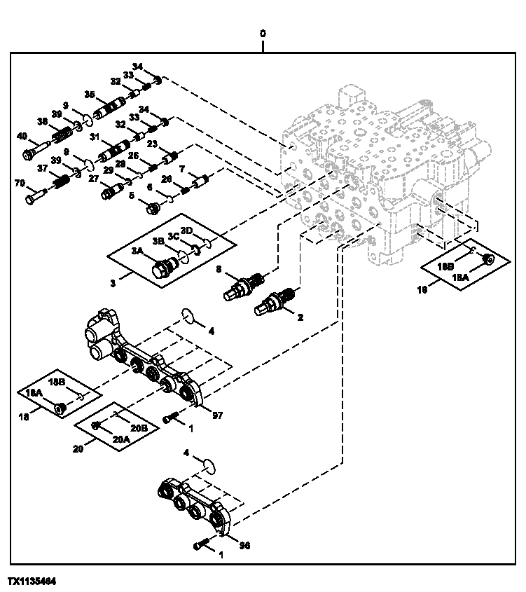 Схема запчастей John Deere 2054 - 210 - CONTROL VALVE COMPONENTS (BOTTOM) 3362 CONTROL & LOAD HOLDING VALVES