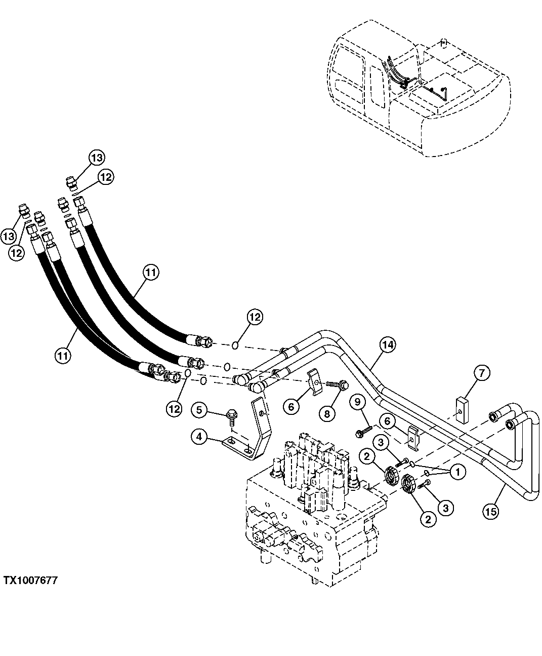 Схема запчастей John Deere 2054 - 228 - CONTROL VALVE TO BOOM CYLINDER HOSES AND LINES 3363 LINES, HOSES & FITTINGS