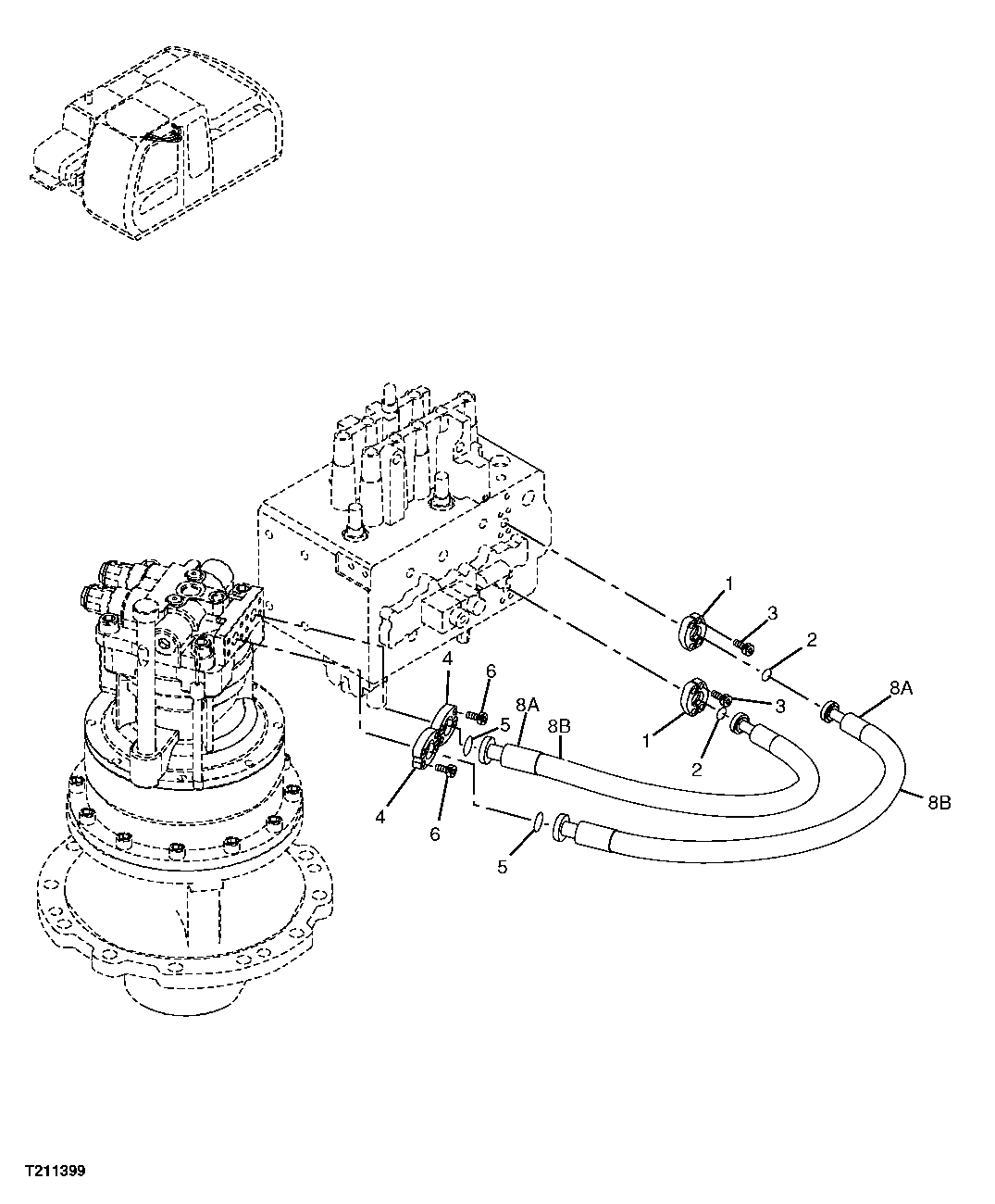 Схема запчастей John Deere 2054 - 229 - CONTROL VALVE TO SWING MOTOR HOSES 3363 LINES, HOSES & FITTINGS