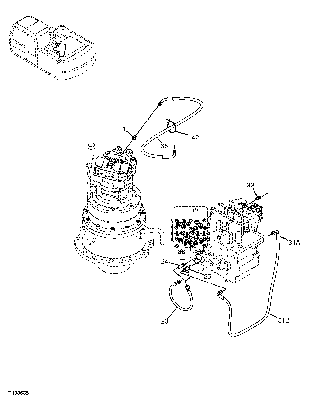 Схема запчастей John Deere 2054 - 233 - PILOT HOSES (CONTROL VALVE) (PILOT SIGNAL MANIFOLD TO SWING DEVICE) 3363 LINES, HOSES & FITTINGS