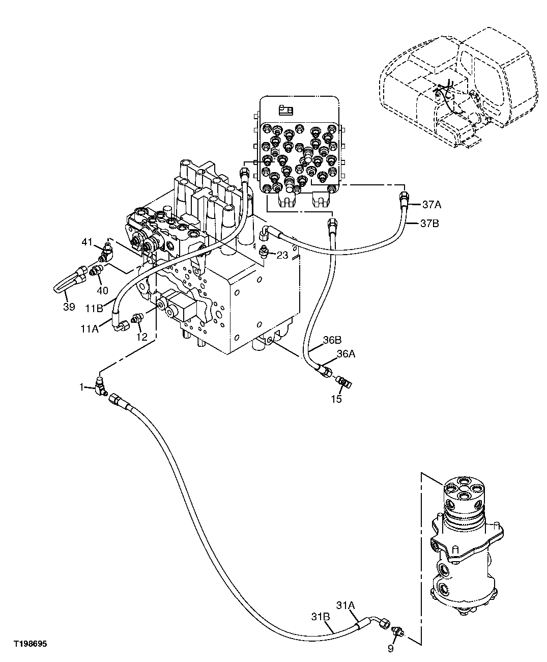 Схема запчастей John Deere 2054 - 234 - PILOT HOSES (CONTROL VALVE TO SIGNAL MANIFOLD, SOLENOID VALVE) 3363 LINES, HOSES & FITTINGS