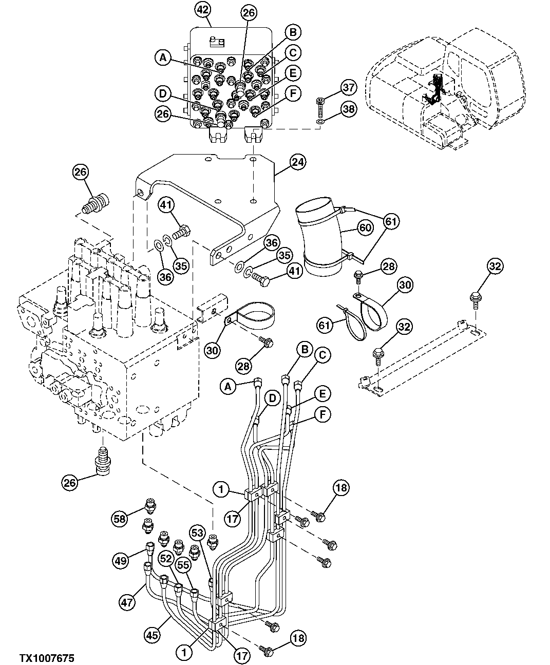 Схема запчастей John Deere 2054 - 235 - PILOT LINES (PILOT SIGNAL MANIFOLD TO BOTTOM OF CONTROL VALVE) 3363 LINES, HOSES & FITTINGS