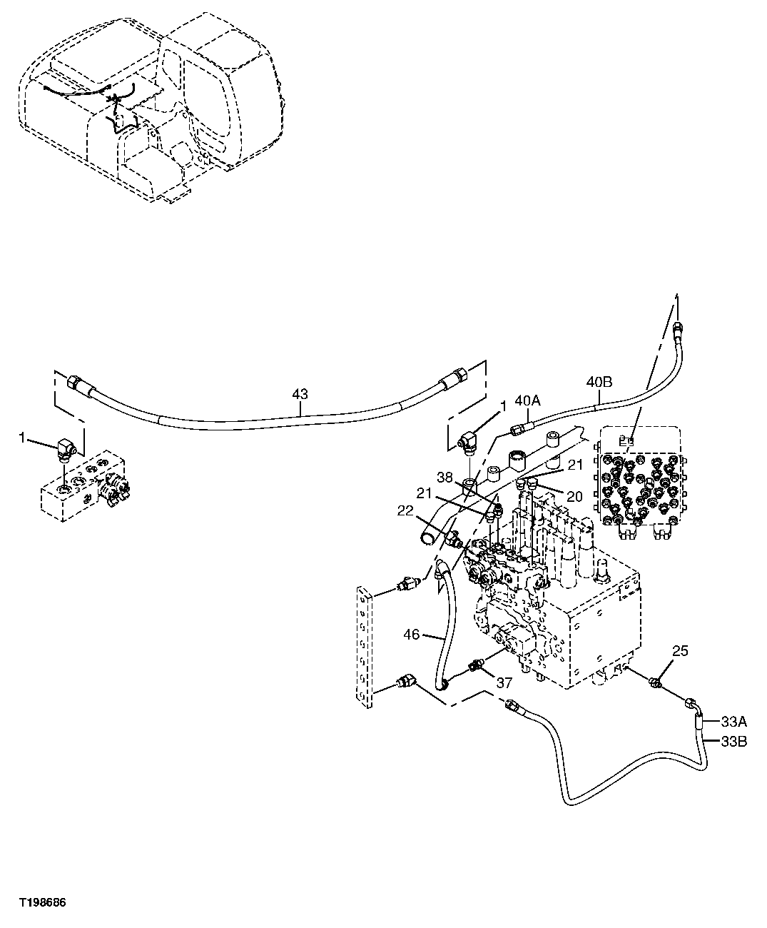 Схема запчастей John Deere 2054 - 242 - PILOT HOSES (RESERVOIR TO CONTROL VALVE, SIGNAL MANIFOLD) 3363 LINES, HOSES & FITTINGS