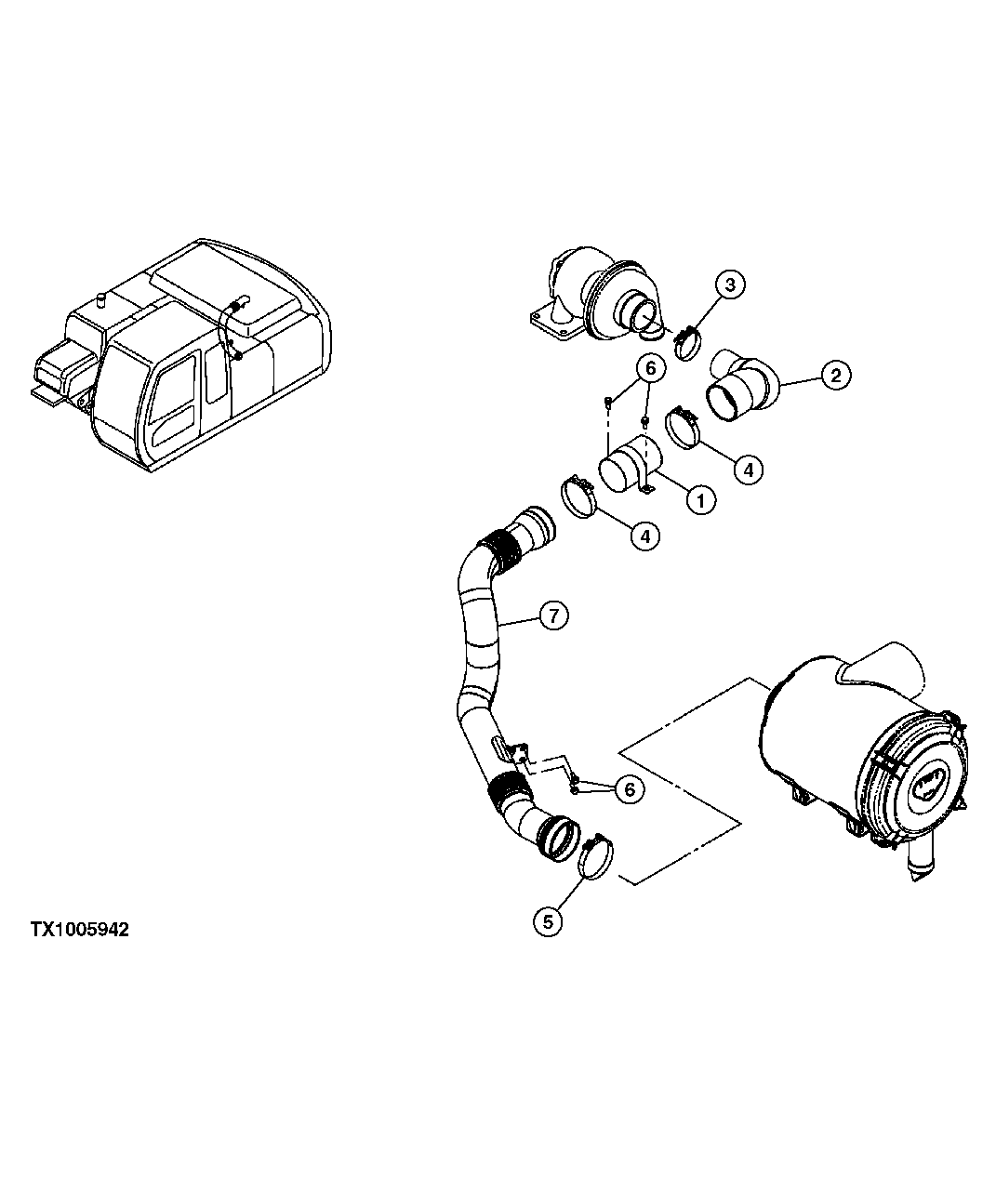 Схема запчастей John Deere 554 - 198 - AIR CLEANER TO TURBOCHARGER HOSES AND DUCTS 0520 INTAKE SYSTEM