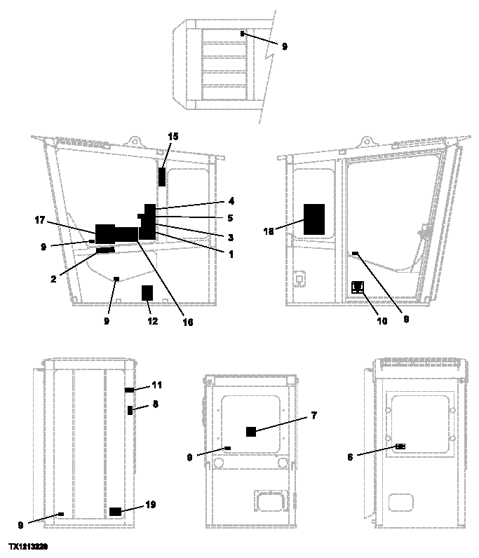 Схема запчастей John Deere 554 - 211 - SIDE ENTRY CAB LABELS AND DECALS 1320 VEHICLE FINISH AND TRIM