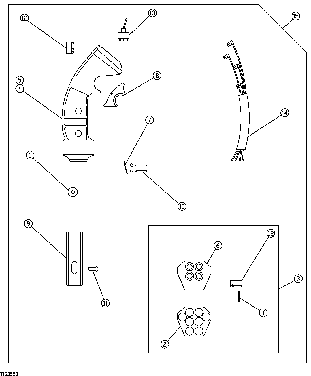 Схема запчастей John Deere 554 - 252 - VALVE IN HEAD SIX BUTTON CONTROL HANDLE COMPONENTS 1674 WIRING HARNESS AND SWITCHES