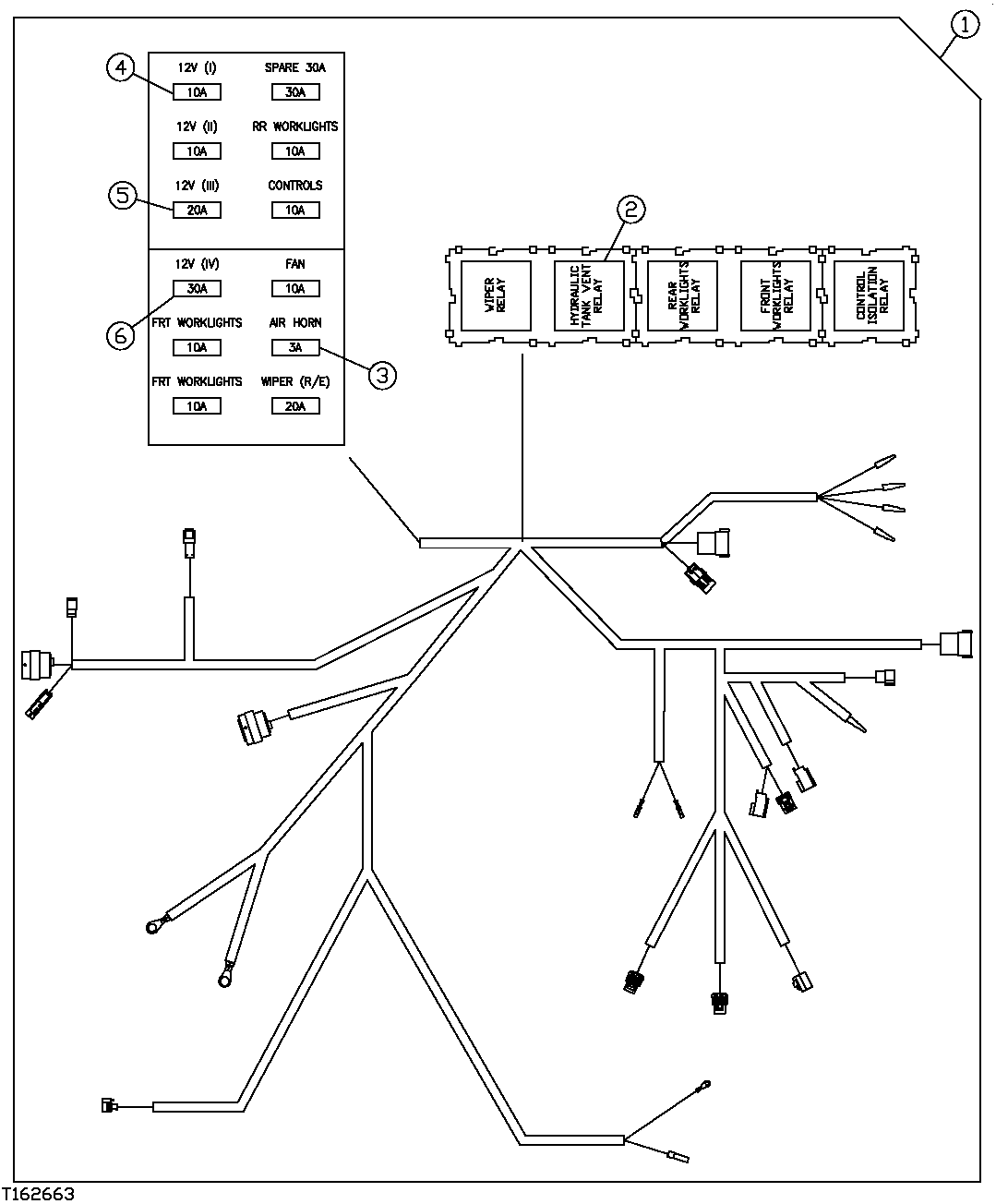 Схема запчастей John Deere 554 - 276 - SIDE ENTRY CAB WIRING HARNESS COMPONENTS (HEELER PLUMBING) 1674B FORESTRY CAB WIRE HARNESS AND SWITCHES