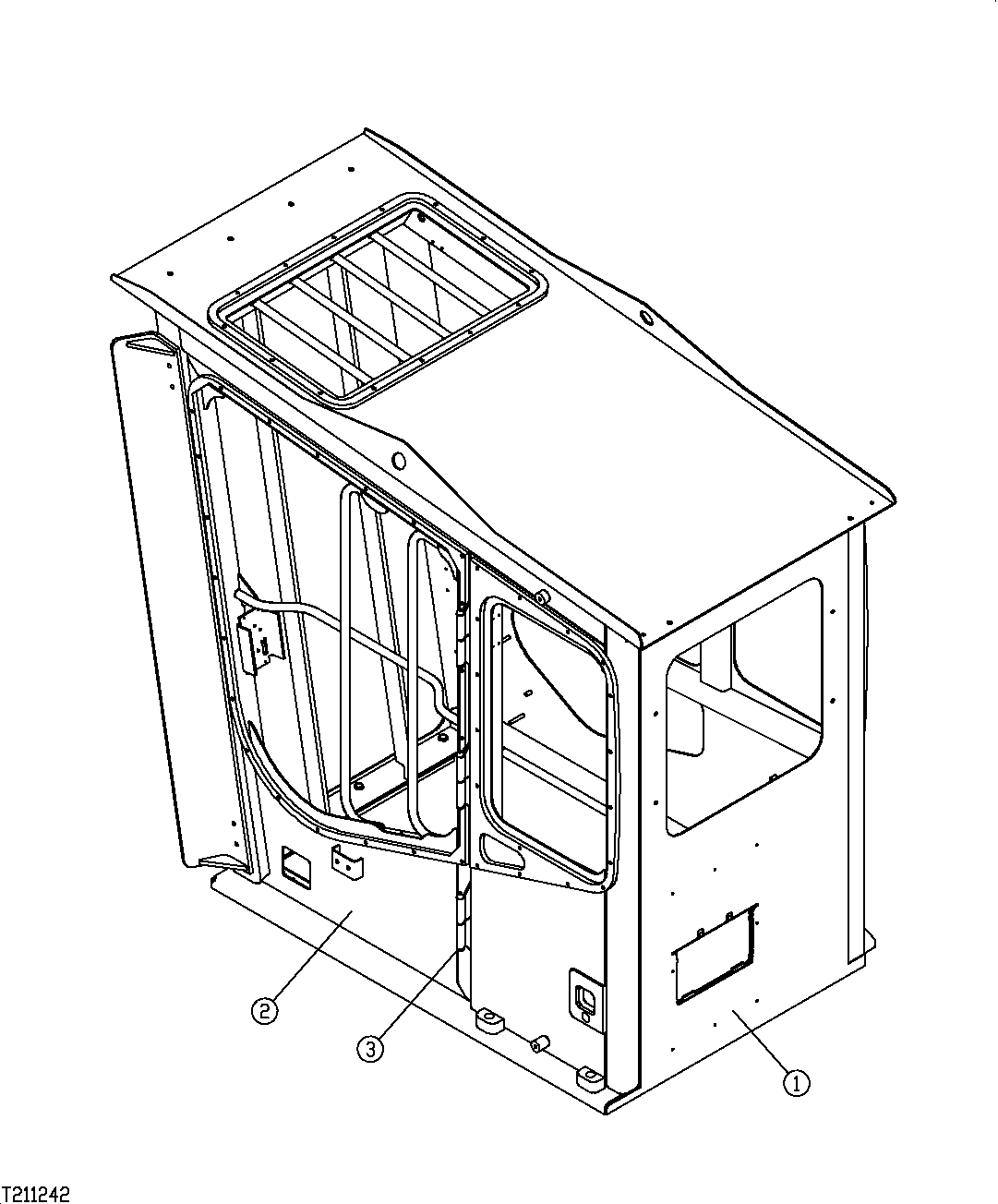 Схема запчастей John Deere 554 - 335 - SIDE ENTRY CAB DOOR PANELING, HINGE AND INSIDE LATCH (SN 200223-200481) 1810B FORESTRY CAB