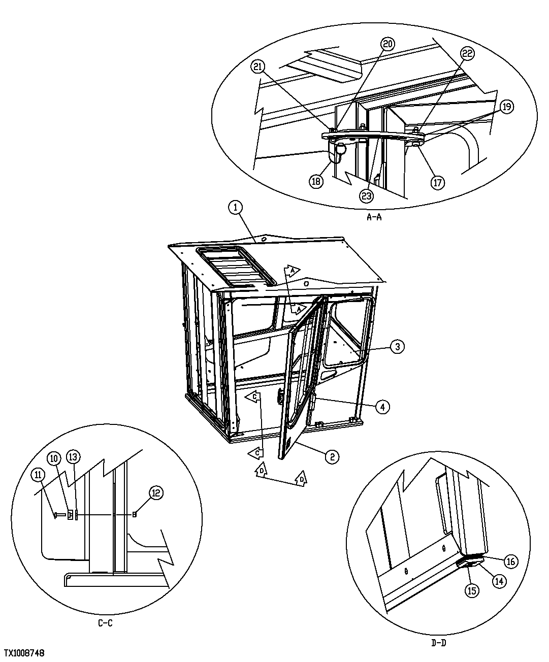 Схема запчастей John Deere 554 - 336 - SIDE ENTRY CAB DOOR, PANELING AND HOLD OPEN BRACKET (SN 200482-200681) 1810B FORESTRY CAB