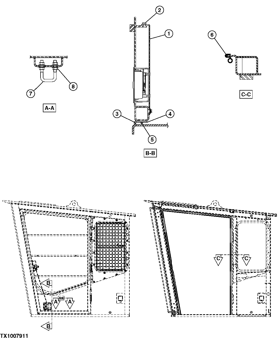 Схема запчастей John Deere 554 - 354 - SIDE ENTRY CAB DOOR OUTSIDE LATCH AND WEATHER STRIPPING 1810B FORESTRY CAB