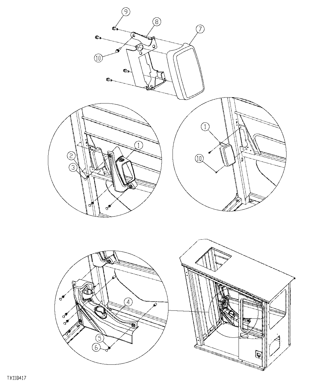 Схема запчастей John Deere 554 - 380 - SIDE ENTRY CAB RIGHT LOWER RIGHT FRONT DUCT COVER AND MONITOR 1830B SIDE ENTRY CAB HEATING AND AIR CONDITIONING