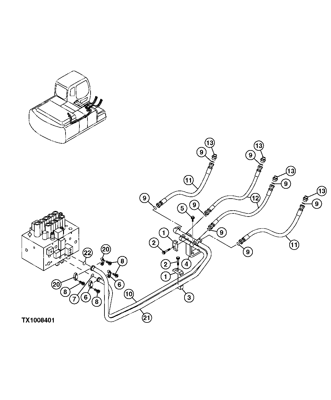 Схема запчастей John Deere 554 - 558 - CONTROL VALVE TO BOOM CYLINDER HOSES AND LINES 3360 HYDRAULIC SYSTEM