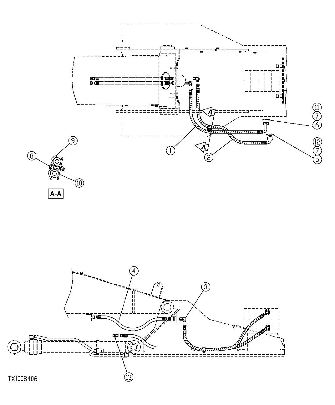 Схема запчастей John Deere 554 - 519 - CONTROL VALVE TO BOOM LINE HOSES (LOG LOADER ARM CYLINDER) 3360 HYDRAULIC SYSTEM