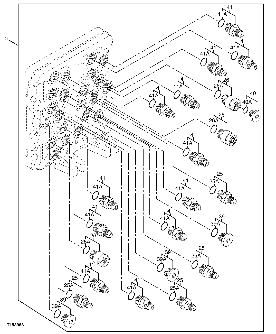 Схема запчастей John Deere 554 - 590 - PILOT SIGNAL MANIFOLD (CONTROL VALVE SIDE) (SN -200037) 3364 HYDRAULIC RESERVOIR