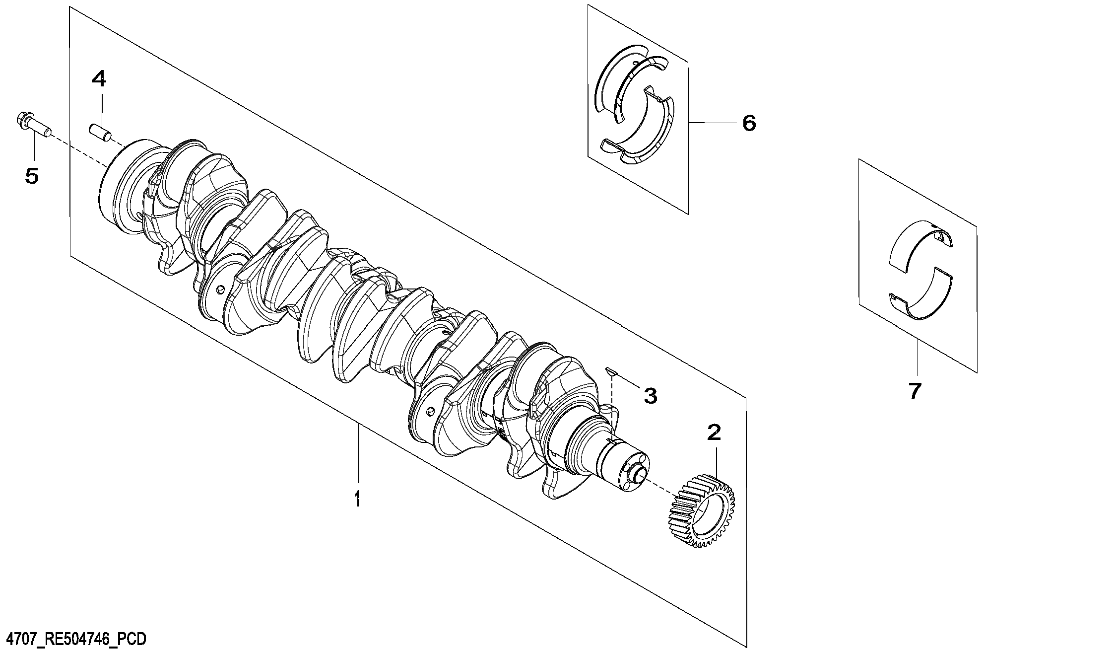 Схема запчастей John Deere 7C ZTS - 117 - 4707 Crankshaft and Bearings 0400B 270C LC EXCAVATOR 6068HT055-RE507964 6068HT055