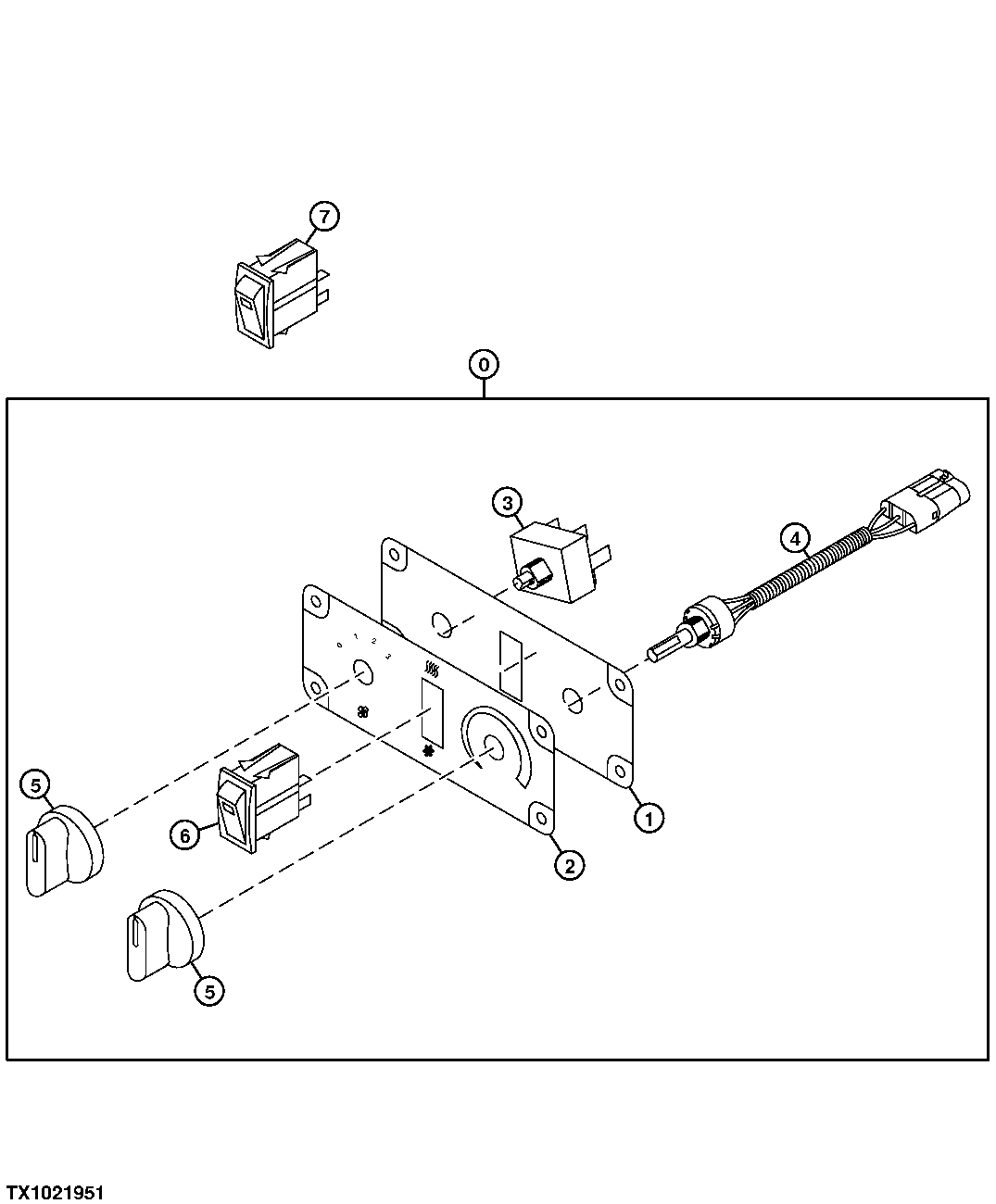 Схема запчастей John Deere 7C ZTS - 285 - REAR ENTRY CAB HVAC CONTROLLER COMPONENTS 1674 WIRING HARNESS & SWITCHES