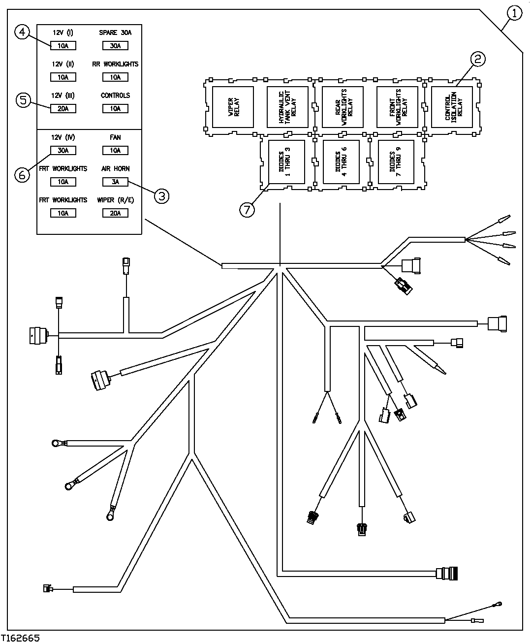 Схема запчастей John Deere 7C ZTS - 296 - VALVE IN HEAD CONTROL WIRING HARNESS COMPONENTS 1674B SIDE ENTRY CAB WIRING HARNESS AND SWITCHES