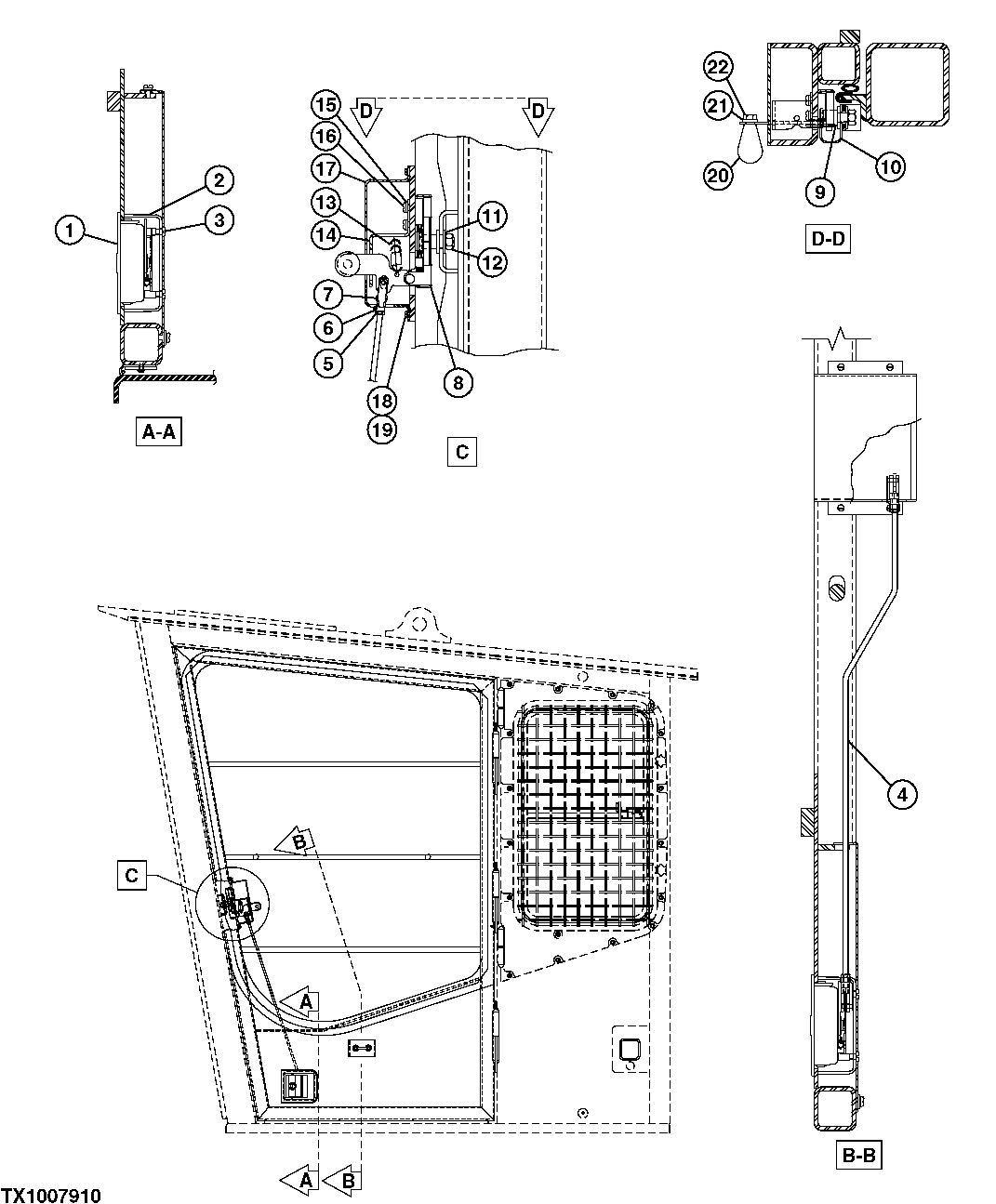 Схема запчастей John Deere 7C ZTS - 378 - SIDE ENTRY CAB DOOR LATCH COMPONENTS 1810B SIDE ENTRY CAB